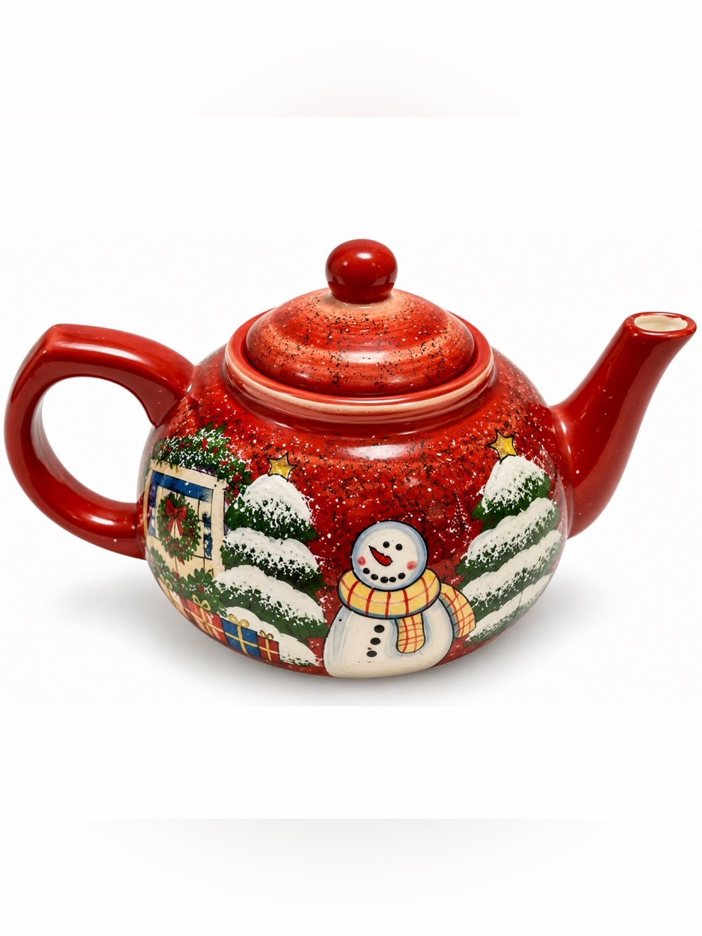 Nantucket Home Christmas Snowman Teapot Hand Painted Red Holiday Ceramic Decor